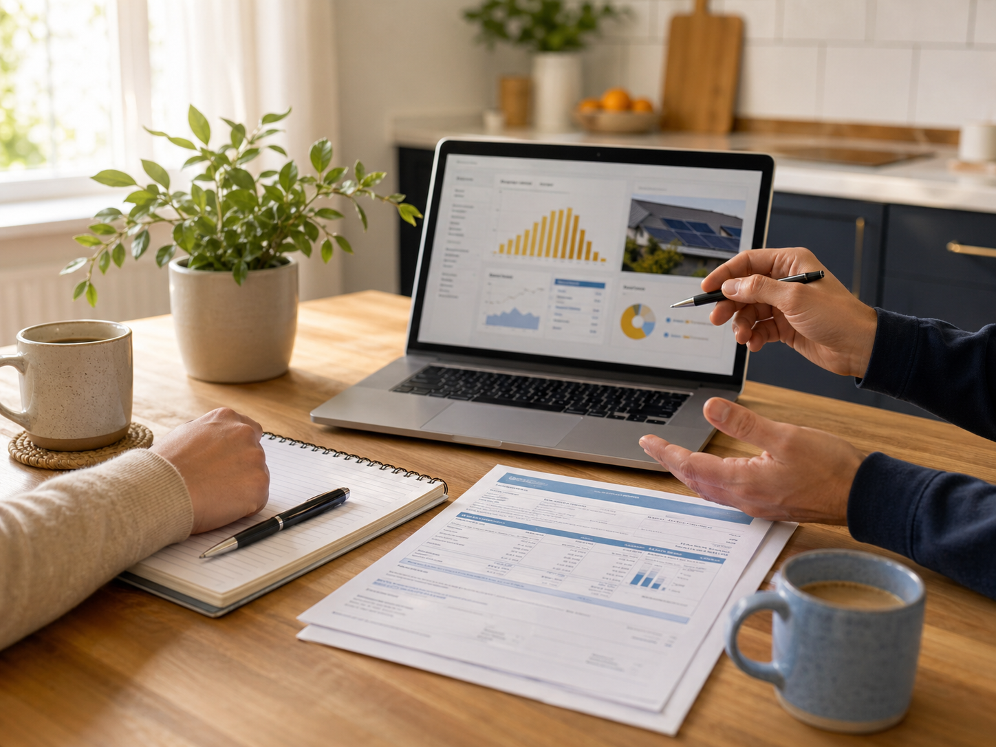 Homeowner solar consultation with a utility bill and laptop