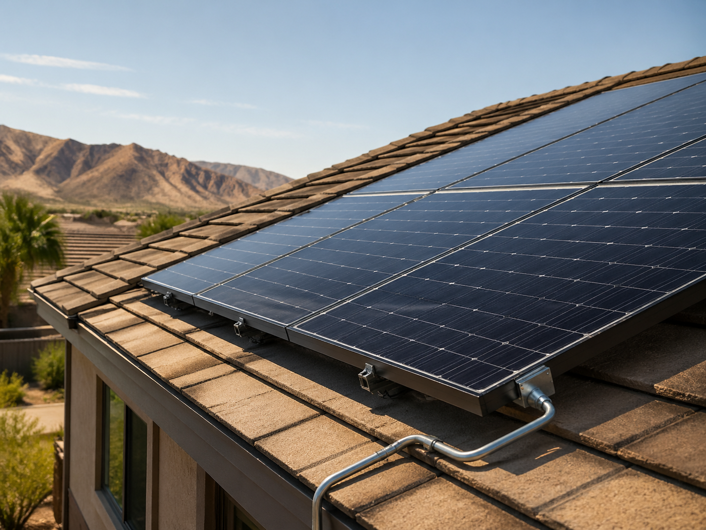 Close-up of rooftop solar panels installed on a residential roof