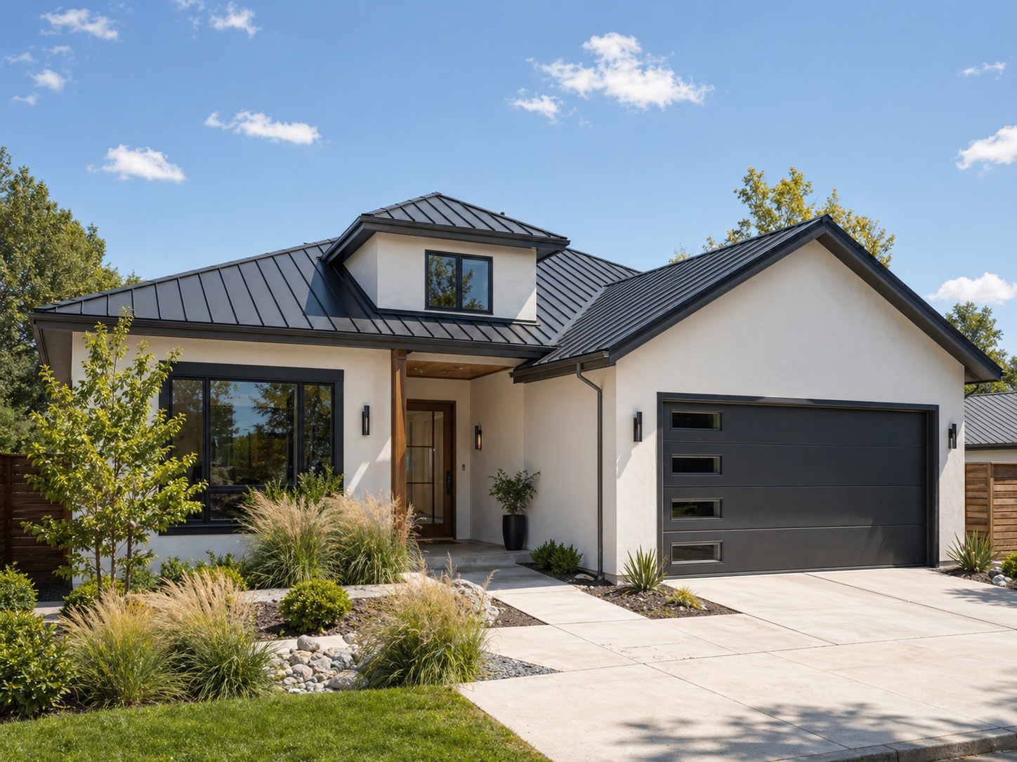 New modern home with a fresh standing seam metal roof installation