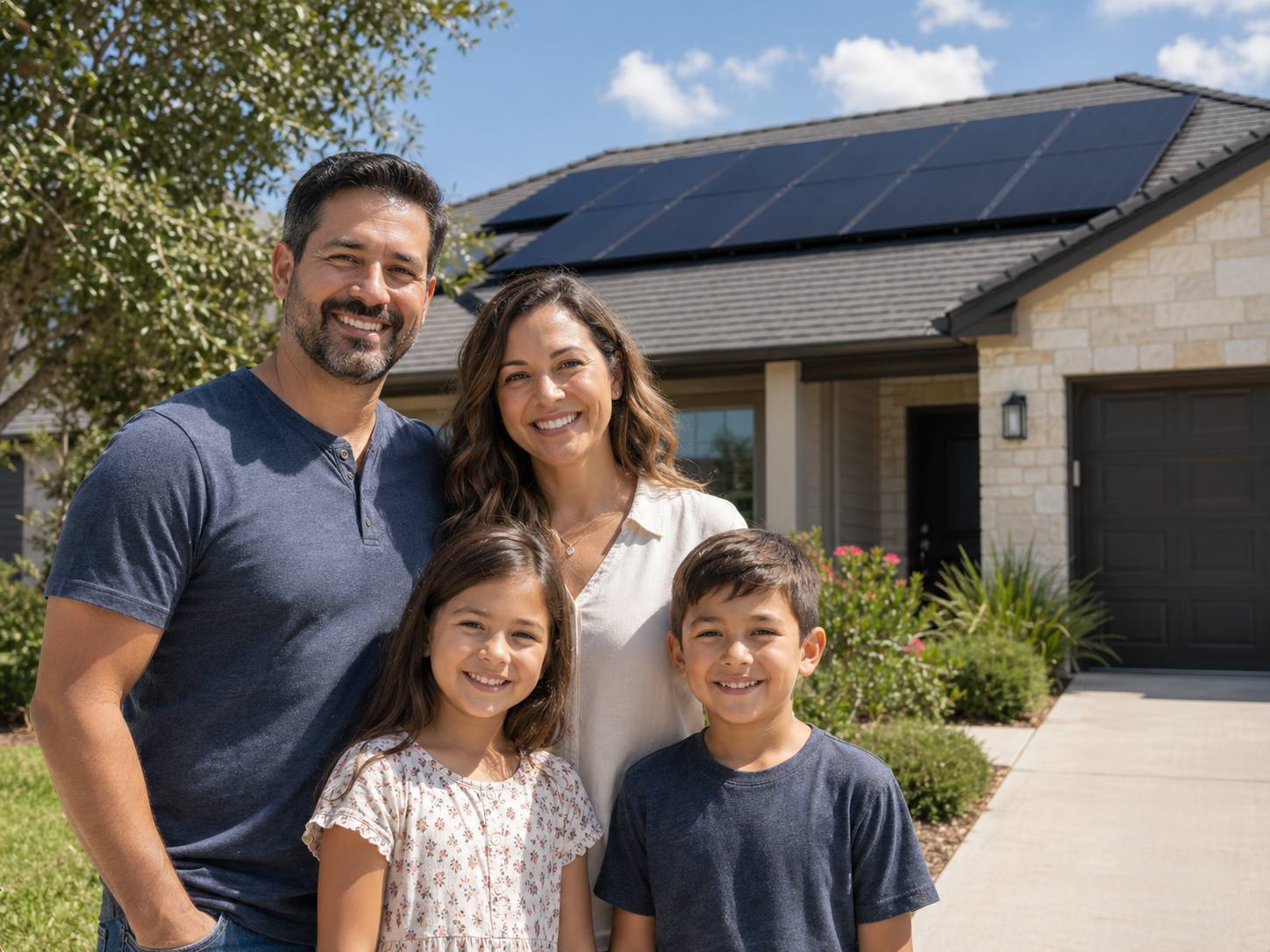 Happy Texas homeowners outside a home with rooftop solar